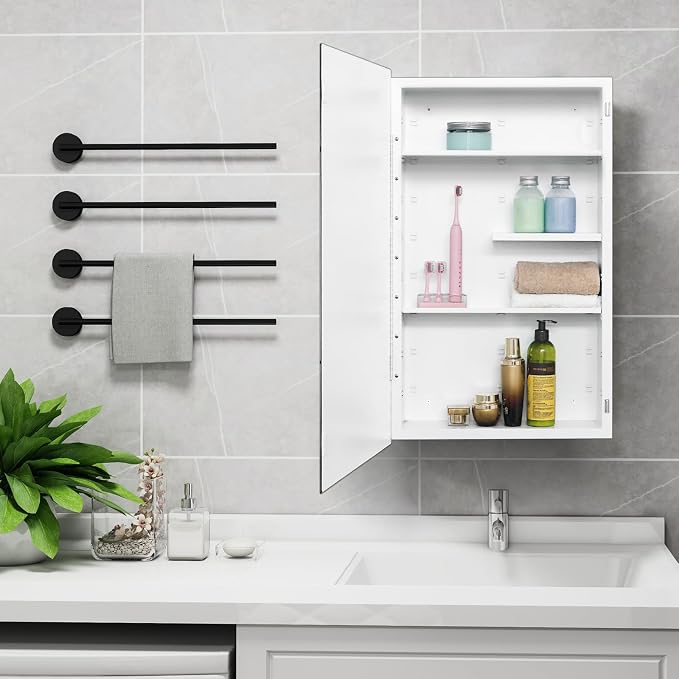 White Metal Medicine Cabinet, 18 x 30 Beveled Mirror, Surface Mount Storage | 18 x 30 Mirrored Medicine Cabinet with Adjustable Staggered Shelves, Piano Hinge, Left/Right Swing, Preassembled, Matte White