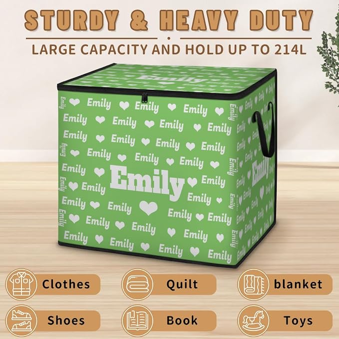 Custom Extra Large Storage Baskets Named with Lid, Personalized Storage Bins Basket Boxes Handles for Clothes Blanket Bedroom Closet Organizing Toys Shelves, Light Green Background Love Hearts