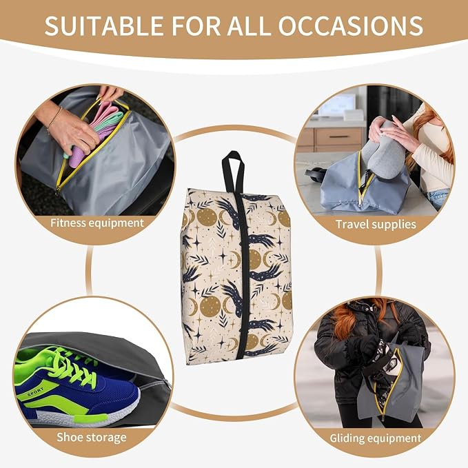 Boho Magic Celestial Travel Shoe Bag for Men & Women, Waterproof Shoe Storage Organizer with Zipper, Portable Shoe Pouch for Sneakers, Heels, Sandals, Gym & Travel Luggage 2PCS