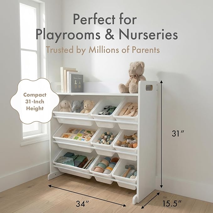 Humble Crew Kids Toy Organizer with Display Shelf, 9 Bins, 3 Tier Storage | Sturdy wood and steel toddler shelf, removable BPA-free containers, wall anchor anti-tip safety kit for bedroom or classroom