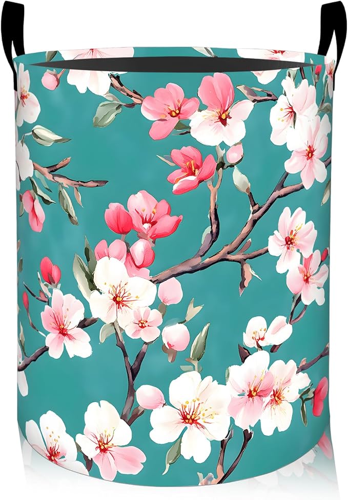 Cherry Blossom Laundry Basket, Oxford Cloth Romantic Elegant Dirty Clothes Collapsible Hamper for Room Decor, Floral Botanical Print Gifts Toy Organizer 19.7*15.7 Inch for Bedroom Bathroom Dorm
