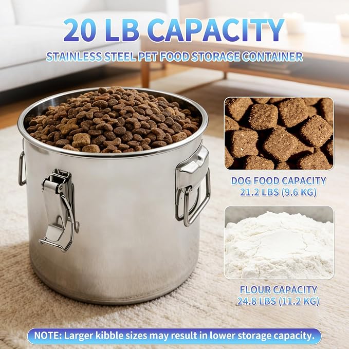20 lb Stainless Steel Dog Food Storage Container, Airtight Metal Pet Food Storage Bin with Lid and Scoop, Large Dog Food Container for Dry Food, Keep Fresh, Easy to Clean