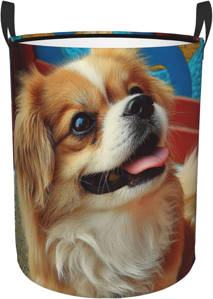 Sweet pet illustration,aesthetic laundry basket 13.8x16.5 inch 38L | Portable clothing storage basket，foldable with handle, very for laundry rooms, bathrooms, student dormitories, home bedrooms