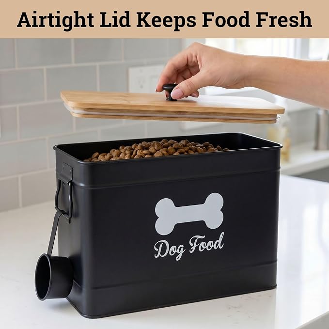 Metal Dog Food Container 15-20 lbs w/ Airtight Bamboo Lid, 70 Cup Capacity | Pet Jar For Dogs up to 100lbs, Airtight Bamboo Lid, Sturdy Comfortable Metal Handle, Powder Coated Iron, Kibble Storage Bin