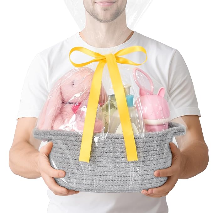 ABenkle Small Storage Basket, Mini Basket, Cute Tiny Cotton Rope Woven Basket, Boho Decorative Toy Dog Cat Basket for Nursery, Spa, Empty Gift Basket with Gift Bags and Ribbon - Grey