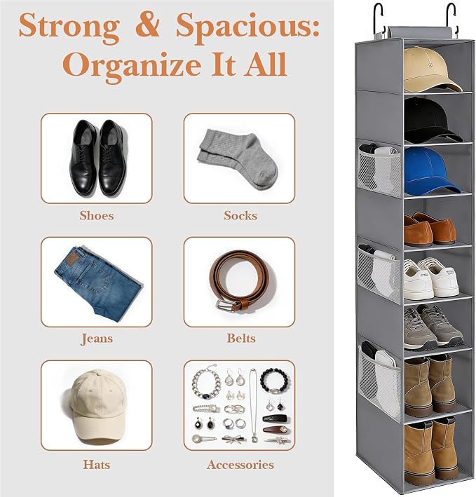 Hanging Shoe Organizer for Closet,8-Shelf Hanging Storage with Side Mesh Pockets,Wider Shelves for Baseball Caps,Clothes (9" W × 11.8" D × 54" H) Grey