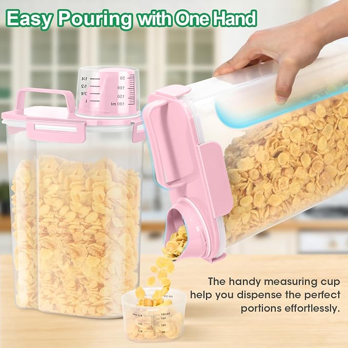 TBMax 2 Pack Airtight Rice Container 5 Lbs +10 Lbs, Cereal Container Oatmeal Storage with Easy-pouring Spout & Handy Cup for Flour Grain Beans, Pet Dog Cat Bird Food Storage Dispenser -Pink
