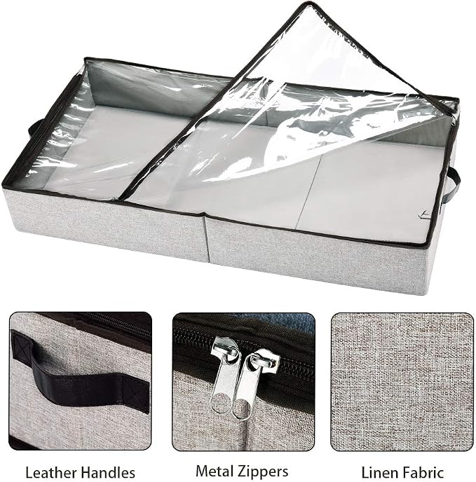 HOONEX Under Bed Storage Containers Zippered Clear Top Lid, Outer Linen Fabric, Reinforced Frame and Sturdy Bottom, 2 Leather Carrying Handles, 2 Pack, Grey