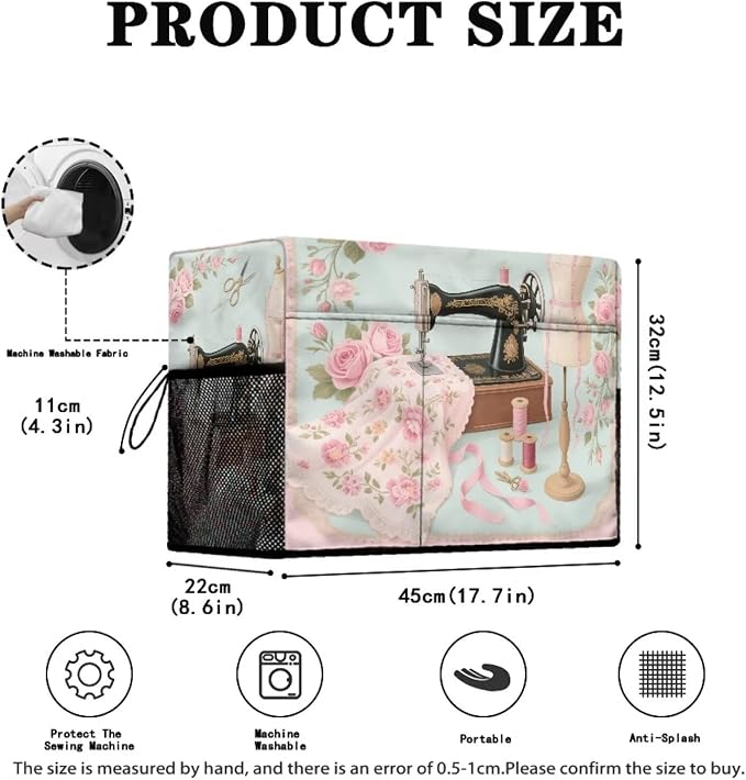 Rose Sewing Element Sewing Machine Cover with Storage Pockets,Dust & Pet Hair Protection,Fits Standard Singer, Brother and Janome Machines, Protecting & Decorating Your Sewing Space