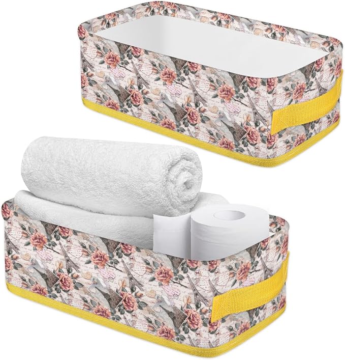 Rose Paris Tower Letter Bathroom Storage Basket, Foldable with Handle Open Countertop Paper Towel Decorative Box, Toilet Tank Top Shelf Baskets for Home Closet Bedroom Living Room Office
