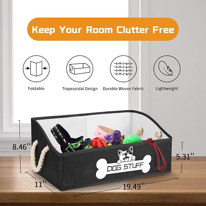 Dog Toy Basket, Storage Bin, Collapsible Box for Pet Accessories | Fabric Container With Handle, Trapezoid Holder for Small Medium dogs, Organizer for Living Room, Black