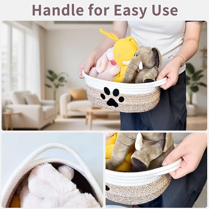 ABenkle Small Woven Basket with Handle, Cute Dog Paw Baskets for Gifts Empty, Decorative Rope Woven Storage Dog Toy Basket, Nursery Baskets for Baby Shower, 12" x 8" x 5"