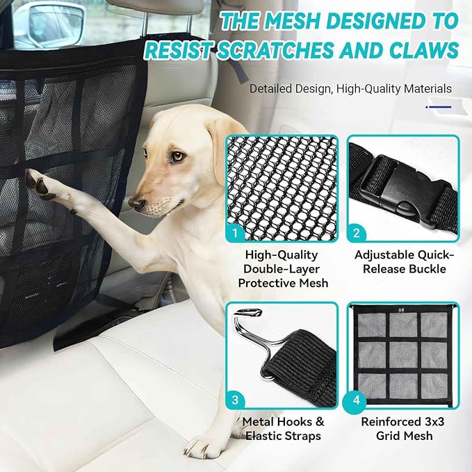 Dog Car Barrier for VW Caddy 2003-2020, Pet Net Organizer | Front Rear Seat Mesh Divider | Breathable Safety Partition | Travel Fence Adjustable Straps | Storage Pockets | Secure Hook