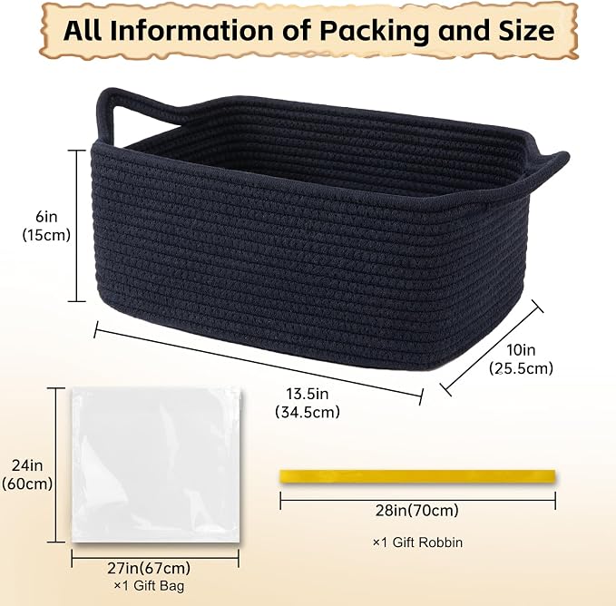 OIAHOMY Woven Basket, Gift Basket Empty with Gift Bags and Ribbons, Rope Baskets for Baby Showers, Storage Baskets with Handles for Nursery, Pet Toy Organizer - Navy Blue