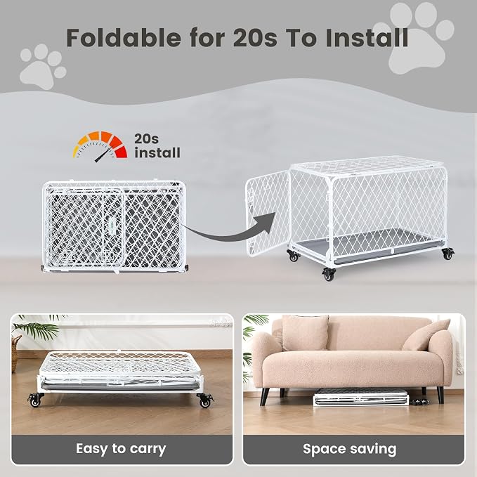 36 Inch Collapsible Dog Crate with Diamond Mesh, No-Tool Assembly Foldable Dog Kennel with 4 Lockable Wheels,Removable Tray,Portable Dog Cage for Medium/Large Dogs, Space-Saving, Indoor Outdoor Use