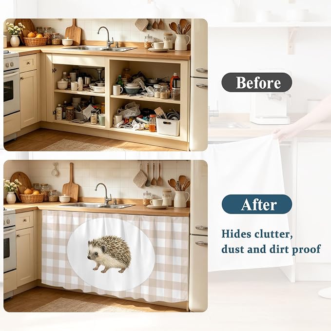 Hedgehog Cabinet Curtains 28"x51" Sink Skirt for Bathroom Kitchen, Modern Farmhouse Linen Checked Animal Self Stick Adhesive Under Desk Covers Tall Laundry Cabinet Storage Organizer