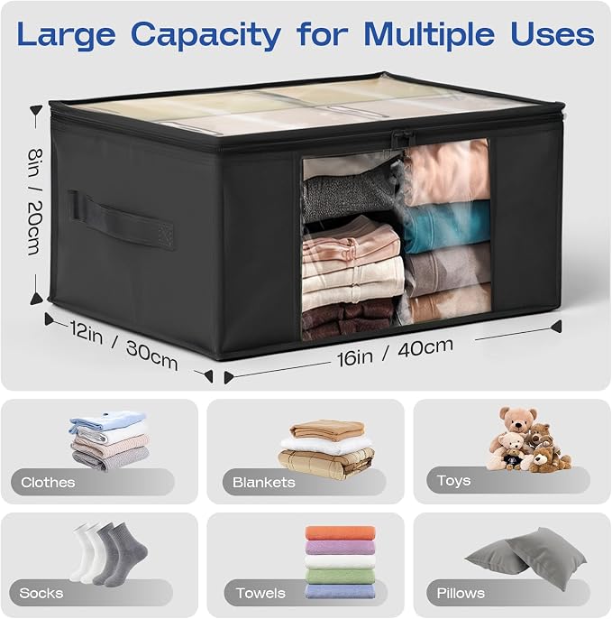 Clothes Storage Bags, Foldable Thick Fabric Blanket Storage Bags, Large Clear Window & Carry Handles, Great for Clothes, Blankets, Closets, Pillows (Black, 4PACK)