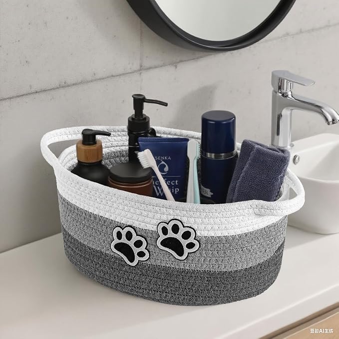 Small Woven Cotton Rope Nursery Organizer Bins, Dog Toy Basket Bins with Handle, Cute Empty Pet Gift Storage Baskets with Paw