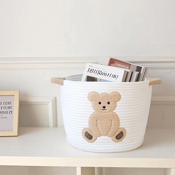 Cotton Rope Basket Toy Storage Baskets for kids Laundry Hamper, Gift Basket Empty Baby Shower Baskets with Handles, Cute Bins Blanket Stuffed Animal Storage for Nursery, Living Room Decor, Bear