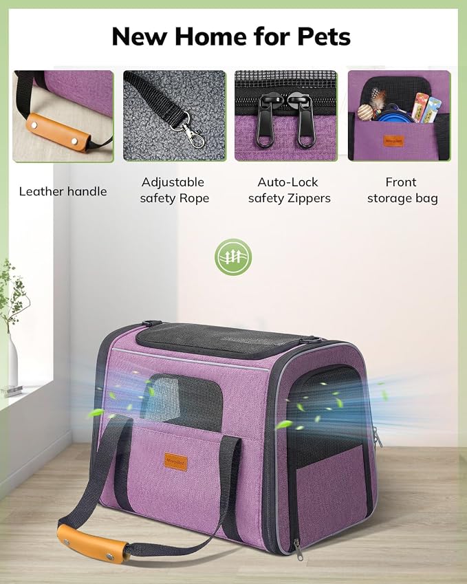 Morpilot Pet Carrier for Large Cats, Puppies & Small Dogs Up to 25lbs | Escape-Proof with Locking Zippers, Dual-Sided Cushion, Safety Buckle for Car & Vet Travel, Includes Foldable Bowl (Purple)