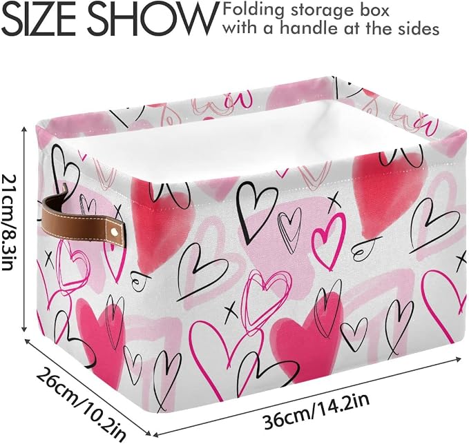 Happy Valentine's Day Pink Love Storage Basket Fabric Laundry Baskets Red Heart Storage Boxes Organizer Bag for Baby Cloth Dog Toy Book Storage Cubes Shelf Closet Bins 16×12×8 Inches