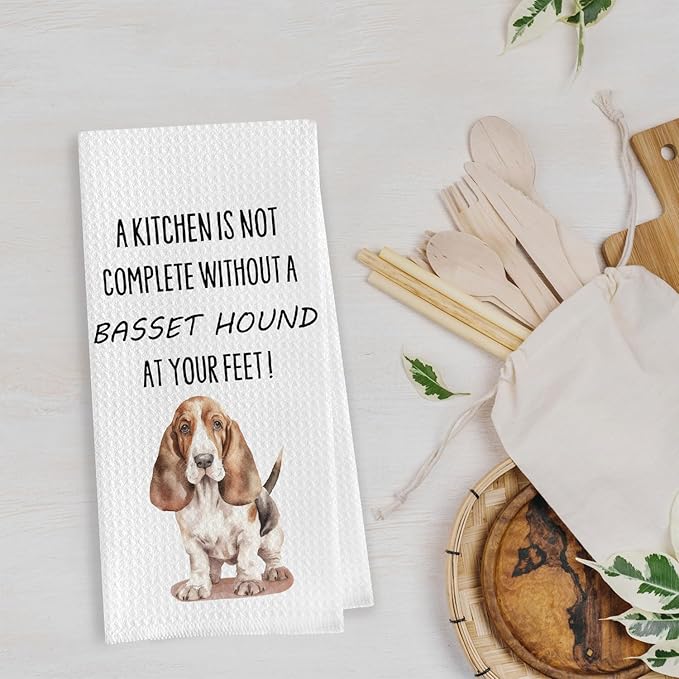 Basset Hound Dish Towels - Funny Basset Hound Decorative Waffle Weave Kitchen Towels, Basset Hound Hand Tea Towels, Basset Hound Gifts, Basset Hound Decor (16×24 Inches)