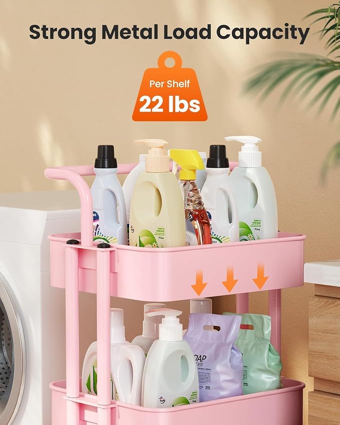 Pipishell Metal 3 Tier Rolling Cart with Handle & 2 Lockable Wheels, Pink | Four Large 2" Wheels for Easy Motion, Sturdy Metal, Hold 22 lbs per Shelf, Ideal for Nursery Room, Living Room, Painting Room