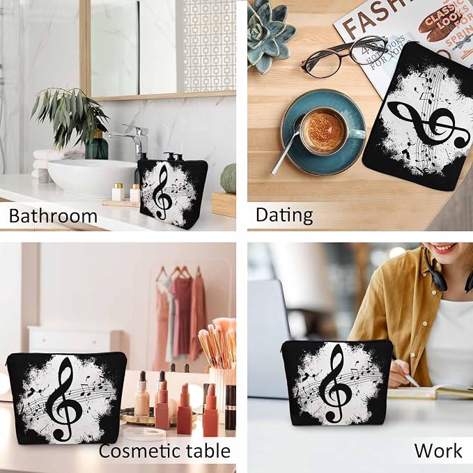 Music Notes Makeup Organizer Bag Cosmetic Bag For Men Women, Grunge Musical Notes Melody Black Travel Toiletry Bag Flax Makeup Bags Purse Business Makeup Pouch For Toiletries Cosmetics