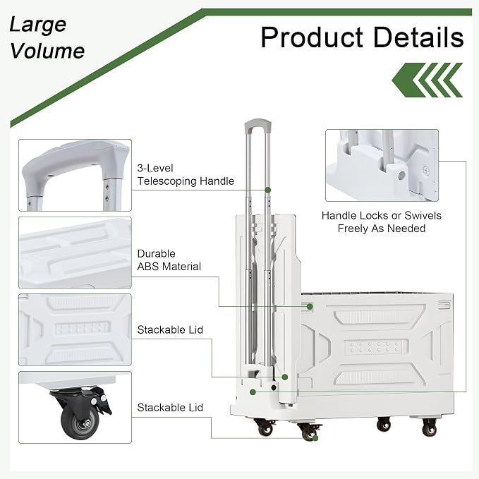 VECELO 23 GAL 2-in-1 Foldable Shopping Cart, Collapsible Utility Cart with Adjustable Handle & 360° Wheels, Dual-Mode Rolling Crate (Basket/Flatbed) for Groceries, Camping, Compact Storage, White