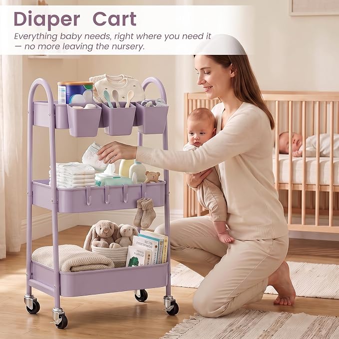 danpinera 3-Tier Rolling Cart, Utility Cart Mobile Metal Rolling Storage Cart with Lockable Wheels & Hanging Cups & Hooks for Kitchen, Bathroom, Office, Workshop, Purple