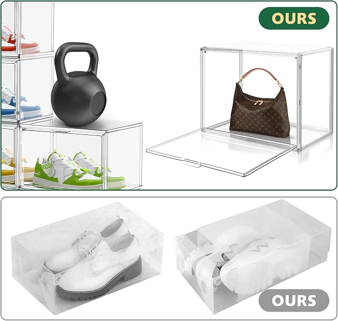 3 Pack X-Large Acrylic Shoe Display Case Size 14, Wide Magnetic Door | Clear Stackable Handbag Organizer Sneaker Storage Box Shoe Contianers with Magnetic Door Purse Organizer for Closet