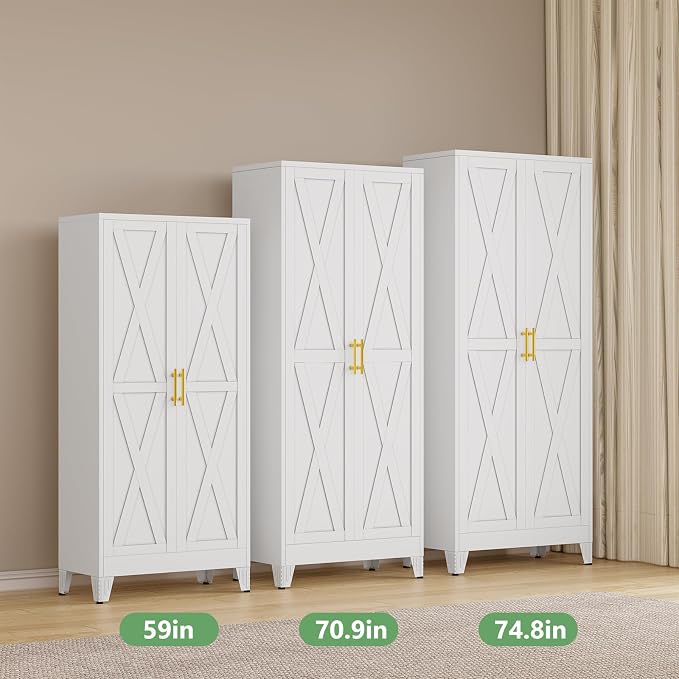 Ckzbx 75" H Metal Kitchen Pantry Storage Cabinet with Doors and Adjustable Shelves for Kitchen, Living Room, Dinning Room (White)