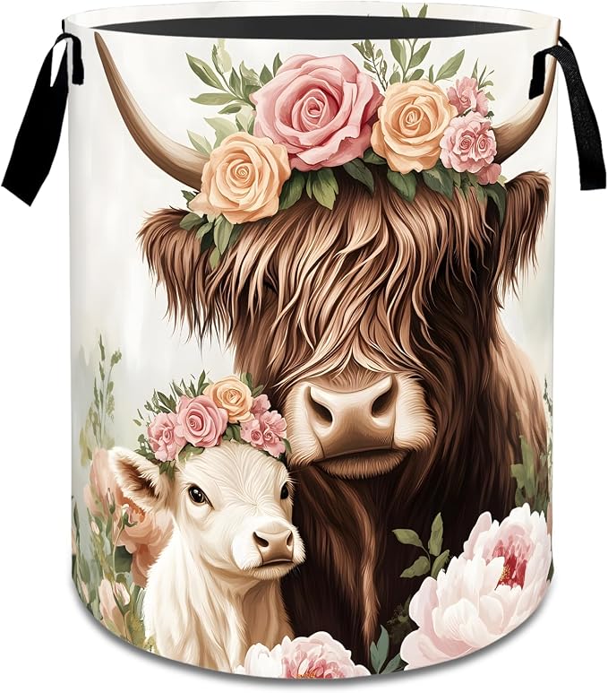 Rustic Highland Cow Floral Laundry Basket,Dirty Clothes Hamper,Farm Animal and Flower Storage Bin Gifts,Waterproof Oxford Cloth Baskets for Bathroom,Bedroom,Home Decoration(19.7" x 15.7")