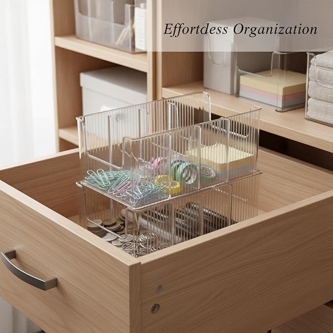 Multipurpose Clear PET Organizer Box with Dividers for Drawers, Desktops, and Cabinets - Versatile Storage Caddy, 10.1 x 5.2 x 3.9 Inches