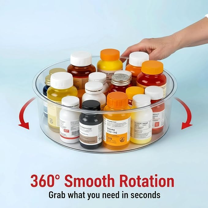 Medicine Bottle Organizer, Rotating Medicine Organizer for Cabinet, 11.98" Diameter, Large Capacity Transparent Pill Bottle Storage for Vitamin Pantry Countertop