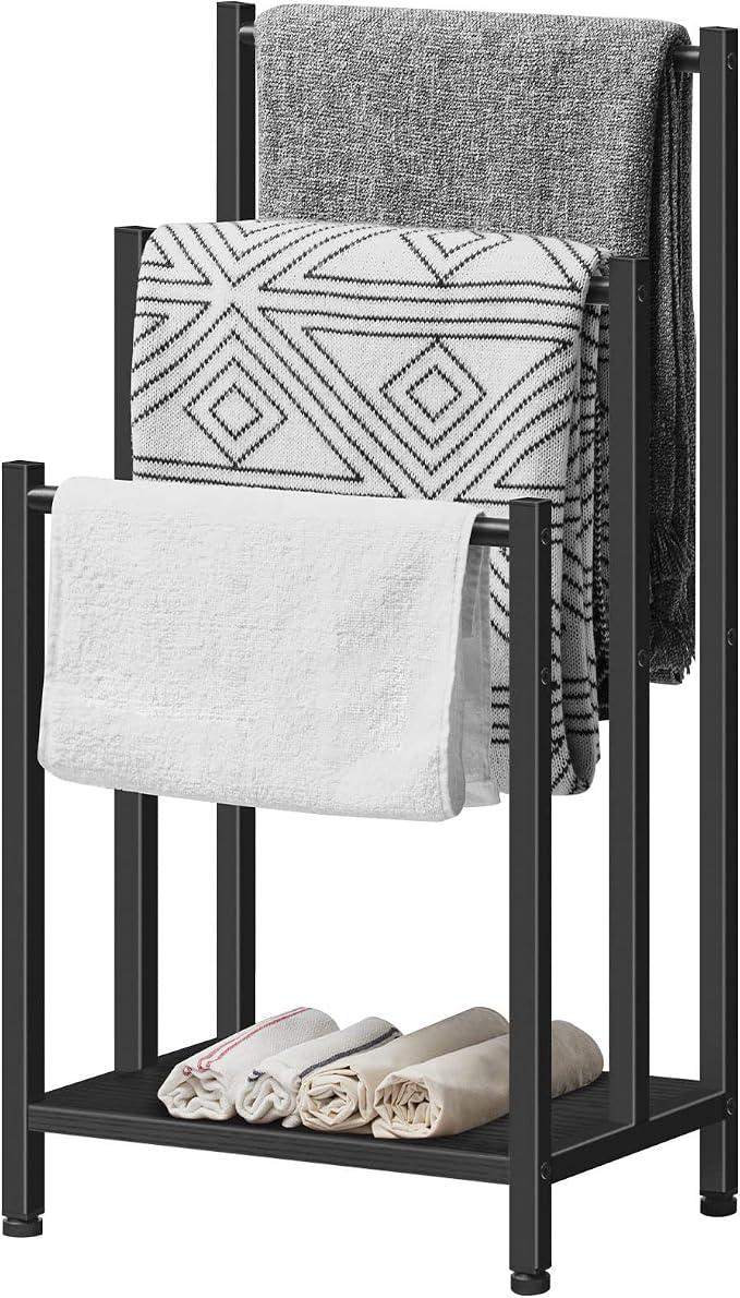 HOOBRO Free Standing Towel Rack, 3 Tier Blanket Rack, Blanket Holder for Bathroom, 16.9" L x 11" W x 31.9" H, Industrial Metal Drying and Display Rack with Shelf, Black BB03LB01