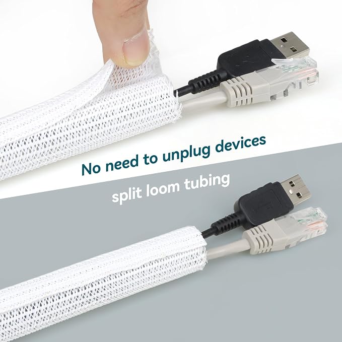 Wire Loom Tubing, 10ft Split Braided Cable Management Sleeve, Flexible Mesh Cord Protector Cable Sleeve for TV Computer (White, 1/2")