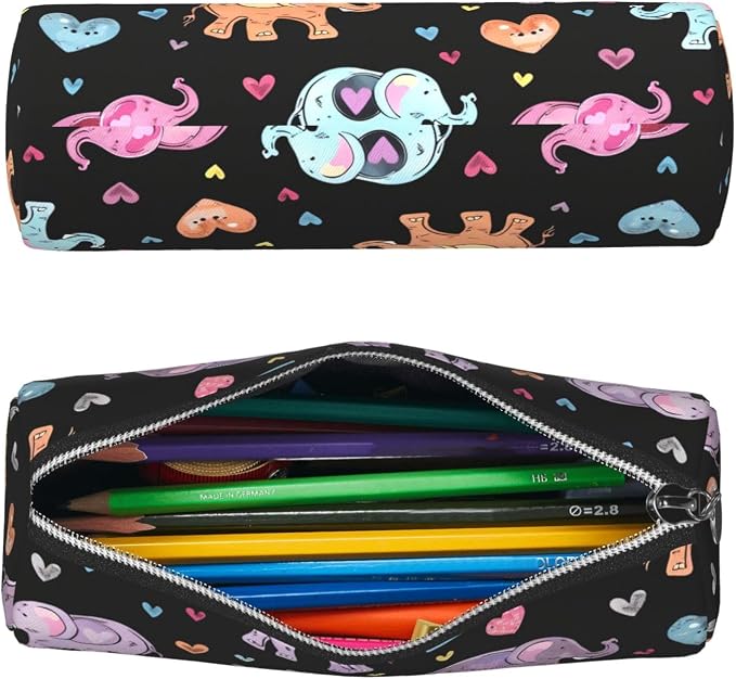 OSAM SPACE Leather Pencil Case Round Pencil Bag Cute Elephants Pen Organizer Holder Portable Zipper Pouch Cute School Supplies for Girls Boys Study Office