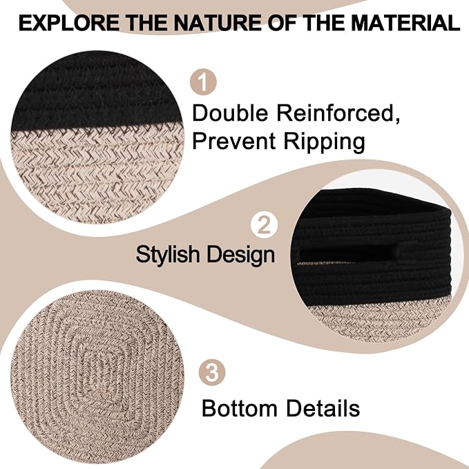 OIAHOMY Cube Storage Basket, 3-Pack Woven Cotton Rope Baskets for Storage, 11-Inch Cube Basket with Handles, Great for Shelves, Closets, Children's Toy Storage and Organization-Black & Brown