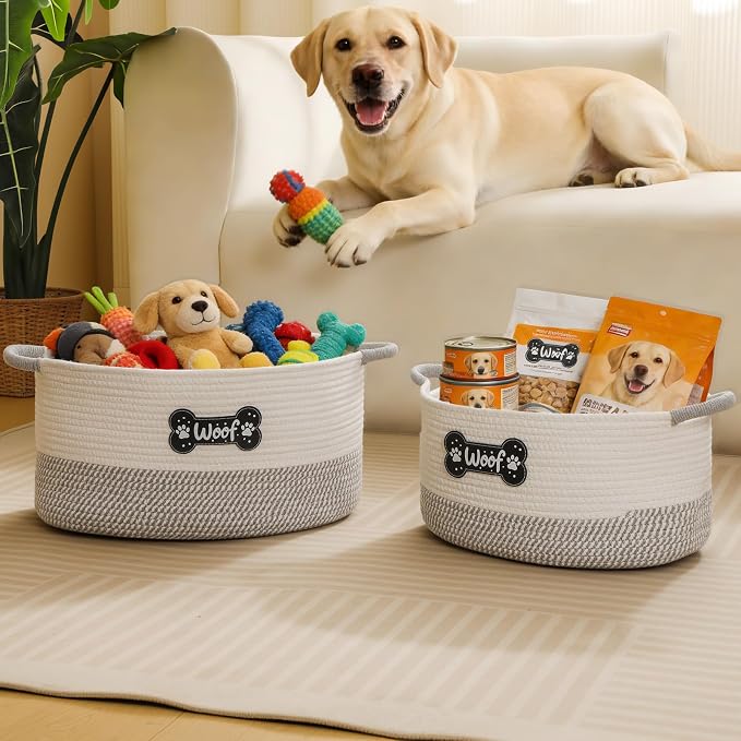 Dog Toy Basket, Dog Toy Box Organizer Baskets, Woven Cotton Rope Pet Puppy Dogs Toy Bin With Handle, Chew Toys Blankets Leashes Grey Storage Baskets for All Pets - Puppies to Large