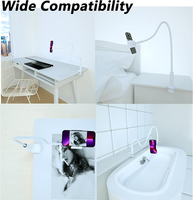 Gooseneck Phone Holder for Bed, Flexible Overhead Cell Phone Mount for Desk, Hands-Free Viewing Clamp Stand Compatible with iPhone 17 16 15 Pro Max and 3.5-7" Devices, White