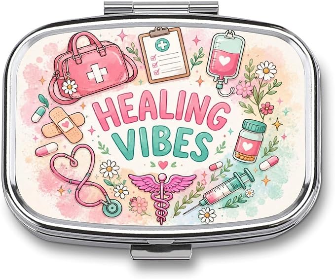 Healing Vibes with Pastel Blooms Two Compartment Pill Box Medicine Organizer, Portable Pill Case with Secure Snap Closure for Vitamins Medication Supplements Daily Use