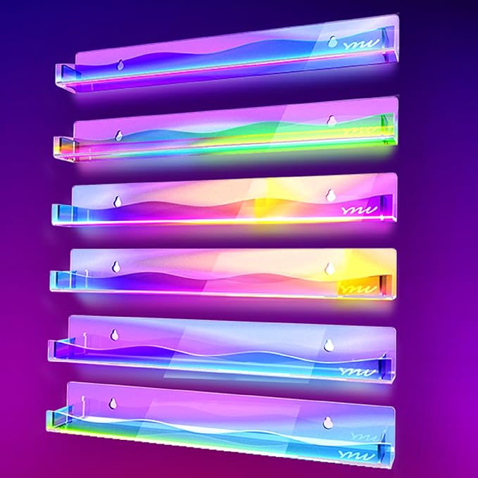 15" Nail Polish Rack Wall Mounted Shelf,6 Pack Clear Rainbow Iridescent Acrylic Organizer Nail Supplies for Nail Techs,Great Display for Salons Retailers