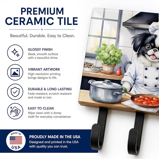 Caroline's Treasures Japanese Chin The Chef Leash or Key Holder Wall Hooks, Key Hooks Holder, Coat Rack Wall Mount, Coat Hooks, Hooks for Hanging Keys, Towels, Aprons, Leashes | Japanese Chin The Chef artwork on ceramic tile with three steel hooks for ...
