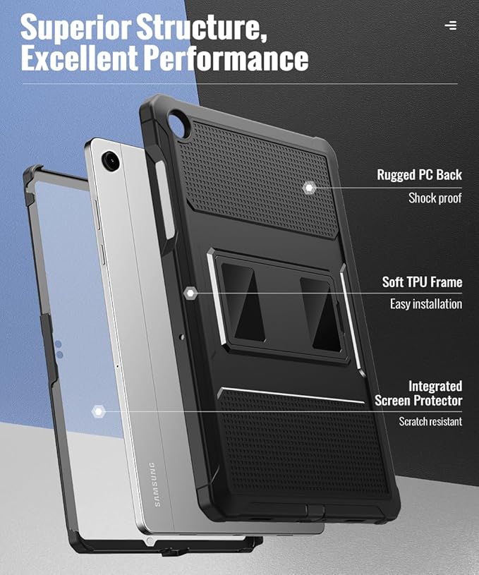 MoKo Shockproof Case Fit Samsung Galaxy Tab A11+ Plus/ A9+ 11 Inch, Black | Full Body Rugged Stand Back Cover with Built-in Screen Protector for Galaxy Tab A11+/ A9 Plus Tablet