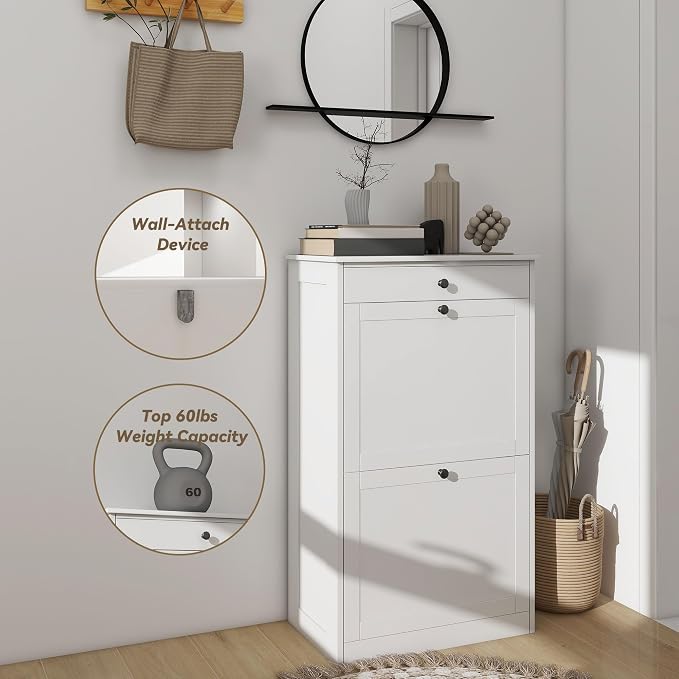 FTZxHKLX Shoe Cabinet with 2 Flip Drawers, Slim Shoe Storage Cabinet, White | Freestanding Hidden Shoe Organizer with Drawer, Pet-Proof Shoe Storage Organizer for Entryway Living Room Behind The Door