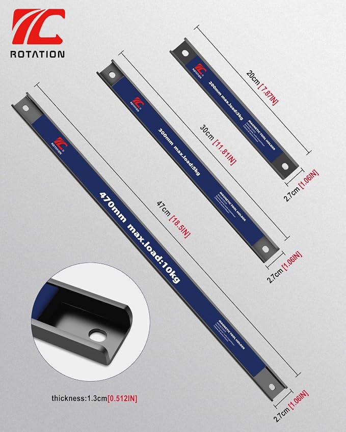3PC Magnetic Tool Holder Set, 18.5"/11.8"/7.8", Magnet Strips | Multi-Size, Workshop Garage Kitchen Organizer, Heavy Duty Magnet Strips, Mounting Hardware