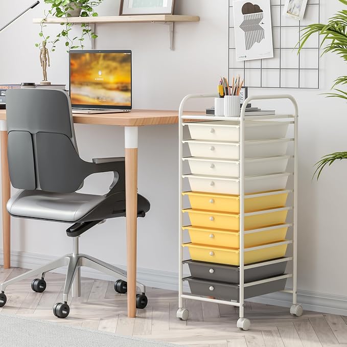 10 Drawer Rolling Storage Cart, Organization Cart with Drawers for Craft Makeup Paper Tool Art Supply, Versatile Utility Cart on Wheels for Home Office Classroom School (Yellow)