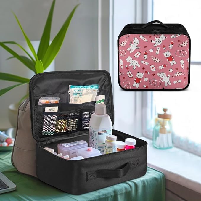 Nurse Bear First Aid Bag Empty Medium Cute Medicine Bag for Home Outdoor Travel Camping Hiking Medium Empty Medical Storage Bag Portable Pouch Dark Pink