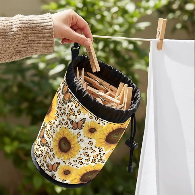 Clothespin Storage Bag with Hooks & Drawstring Closure Dragonfly Star Moon Space Saving Organizer for Clothes Pins, Hangs on Clothesline/Drying Rack